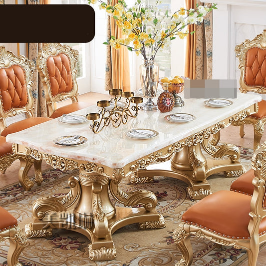 European-style Natural Marble Long Dining Table Luxurious Solid Wood Carved 2-meter 2.2-meter Golden