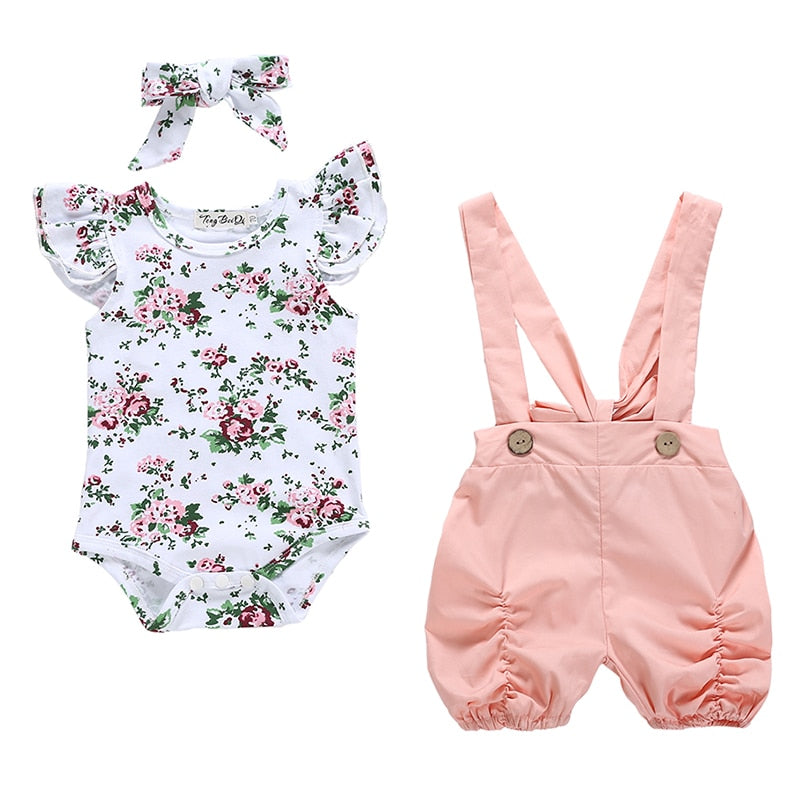 Baby Girl Summer Clothes Set Fashion Newborn Infant Knitting Cotton Ruffles Romper Shorts Bow Headband 3Pcs For Toddler Outfits