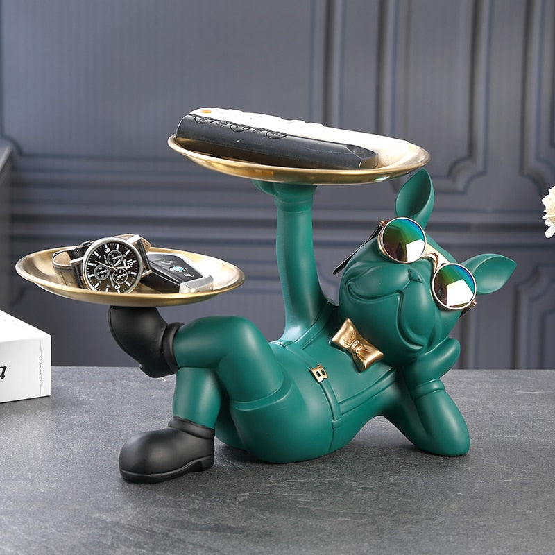 Resin Décor Dog Statue Butler with Tray for Storage Table Live Room French Bulldog Ornaments Decorative Sculpture Craft Gift