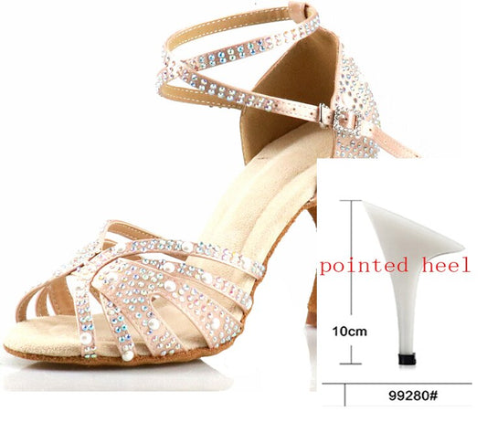 WUXIJIAO Women Latin Dance Shoes Rhinestones Soft Bottom Salsa Shoes For Dancing Ladies Sandals Women&#39;s Wedding Hight Heels 7.5C