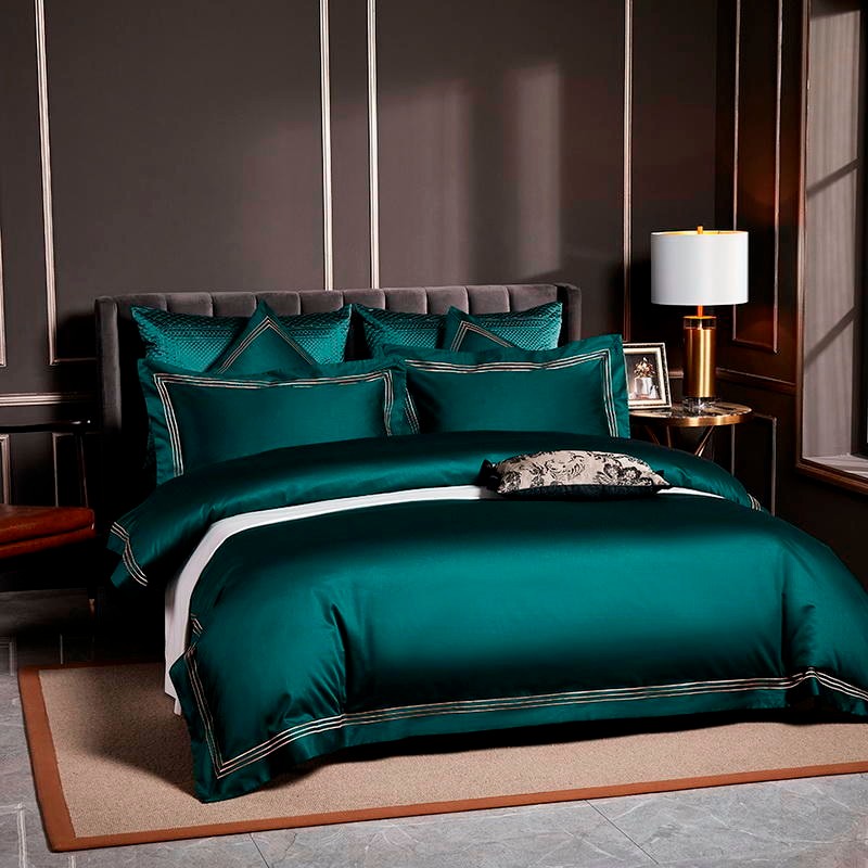 Bedding Set - Embroidered Deep Green Blue Duvet Cover Premium Soft Egyptian Cotton Bedding set Double Queen King 4/6Pcs Bed Sheet Pillowcases