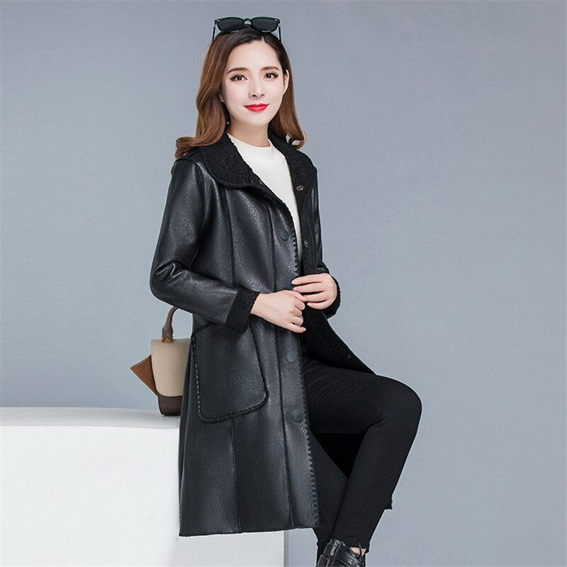 Winter warmth faux leather moto coat women black Brown  tops PU jacket 2020 new lapel leisure fashion plus thick coat