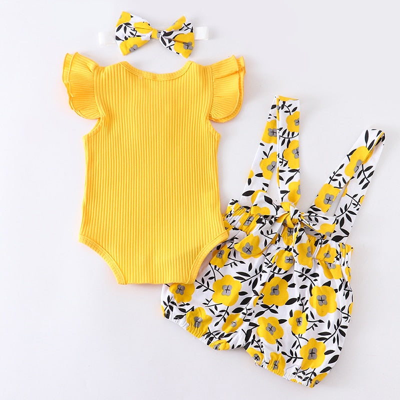 Baby Girl Summer Clothes Set Fashion Newborn Infant Knitting Cotton Ruffles Romper Shorts Bow Headband 3Pcs For Toddler Outfits