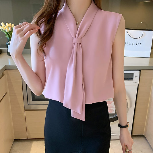 Women&#39;s Shirt Pink Ribbon Blouses for Women Sleeveless Summer Shirts Female Top V-neck Blouse Tops Female 2022 Woman Basic Shirt