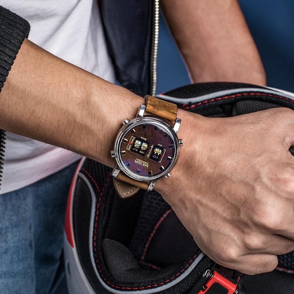 MEGIR Fashion Men&#39;s Roller Design Business Clock Men Quartz Watch Leather Waterproof Casual Sport Mens Watches Relogio Masculino