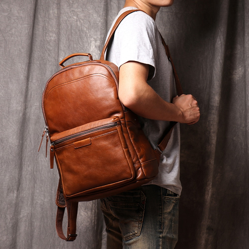 ZRCX Genuine Leather Men Backpack 14 Inch Laptop Backpack Travel School Backpack Male Fashion Backpack Brown Cowhide Backpack