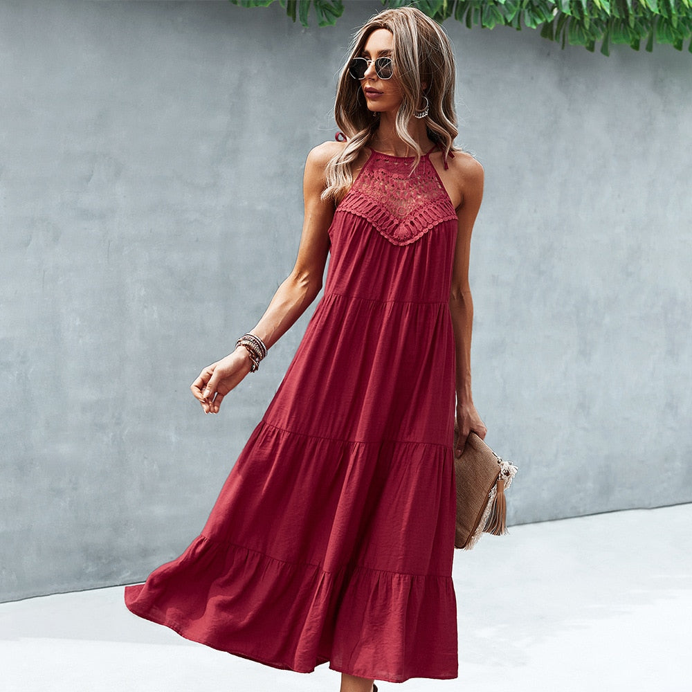 Summer Women Lace Stitching Halter Long Dress Sexy Lace-up Big Hem Beach Party Dresses Vintage Green Casual Ruffle Sundress 2022