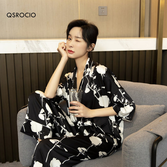 QSROCIO New Women's Pajamas Set Loose Type V Neck Sleepwear Floral Print Silk Like Leisure Home Clothes Nightwear Pyjamas Femme