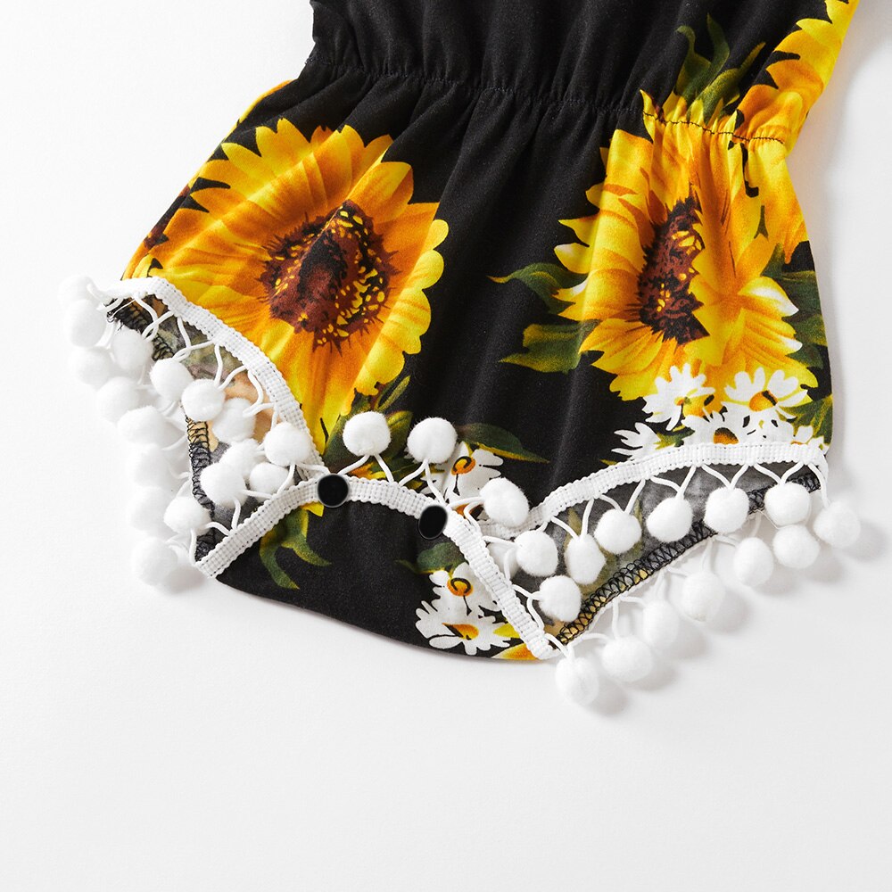 PatPat Sunflower and Daisy Print Matching Black Sling Shorts Rompers