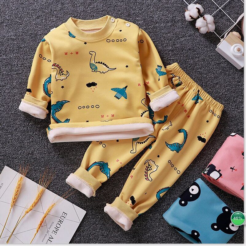 Winter Children Clothing Sets Warm Fleece Pajamas For Boys Girls Thicken Kids Dinosaur Sleepwear Baby Thermal Underwear Pyjamas