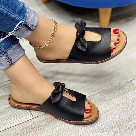 2022 New Summer New Women Leisure Fashion Bow Flat Sandals Sandals Comfortable Soft Bottom Women&#39;s Breathable Beach Sandals