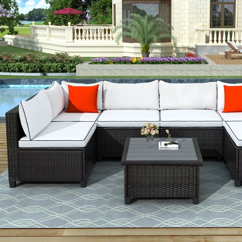 U-style Quality Rattan Wicker Patio Set, U-Shape Sectional  With Cushions And Accent Pillows Outdoor Furniture Set