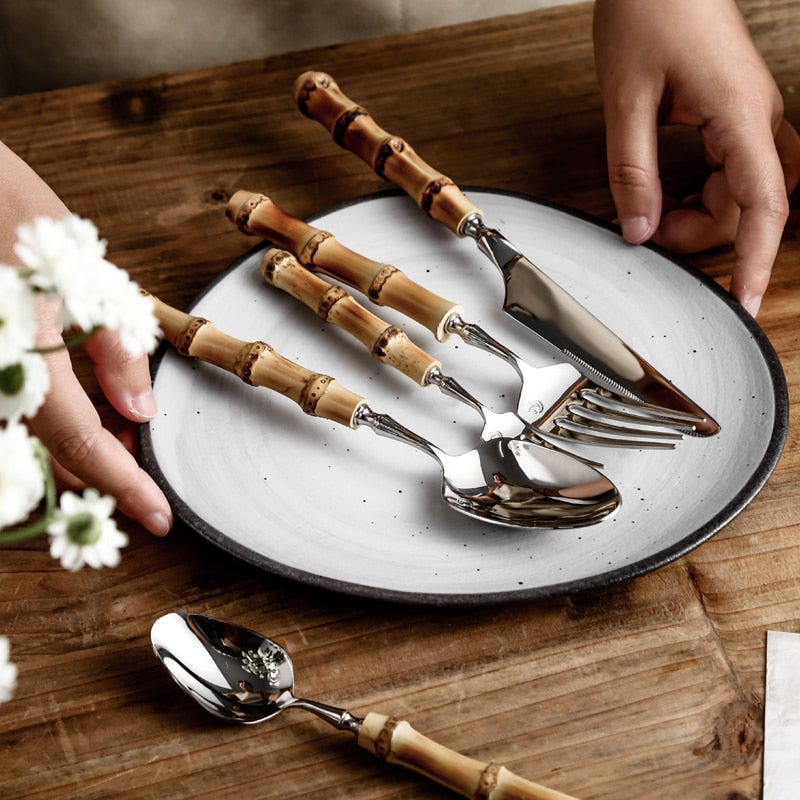Bamboo Handle Cutlery Set Dinnerware Set 5/20pcs 18/10 Stainless Steel Knife Fork Spoon Tableware Cutleries Sets Drop