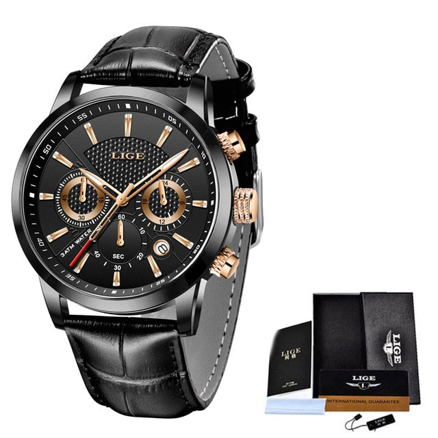 2022 New Mens Watches LIGE Top Brand Leather Chronograph Waterproof Sport Automatic Date Quartz Watch For Men Relogio Masculino