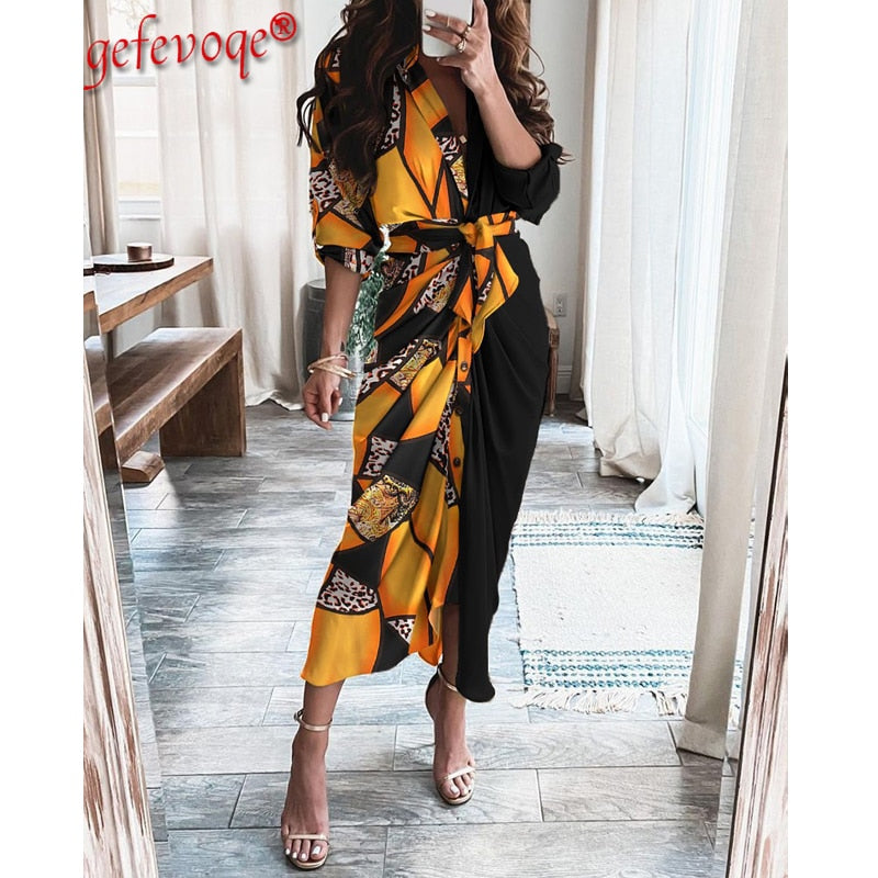 Striped Leopard Print Button Women&#39;s Dress Spring 2022 Elegantes Ankle Bandage Dress Half Sleeve Vintage Dress Shirt Beach Robe