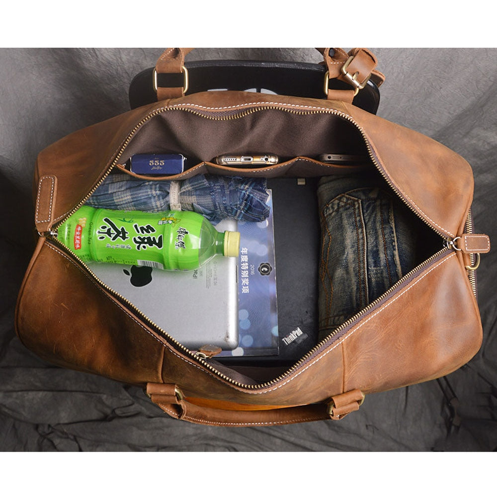 ZRCX Vintage Men&#39;s Hand Luggage Bag Travel Bag Geunine Leather  Large Capacity Single Shoulder Messenger For 15 Inch Laptop