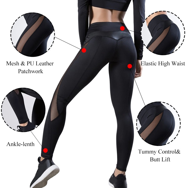 CHRLEISURE Solid High Waist Fitness Legging Women Heart Workout Leggins Femme Fashion Mesh And PU Leather Patchwork Leggings