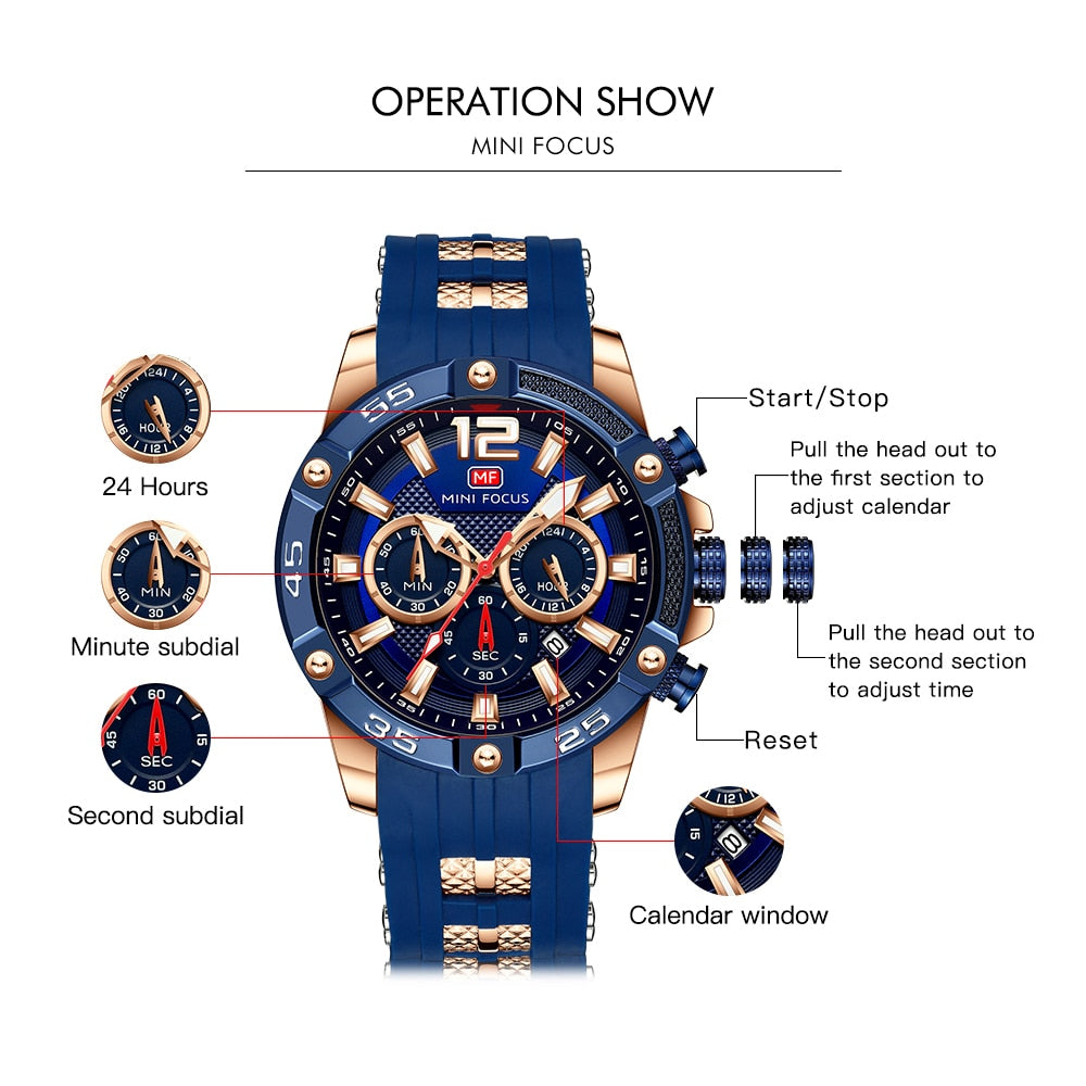 MINI FOCUS Men Sport Watch Chronograph Silicone Straps Quartz Army Military Men&#39;s Date Watches Male Clock Hour Relogio Masculino