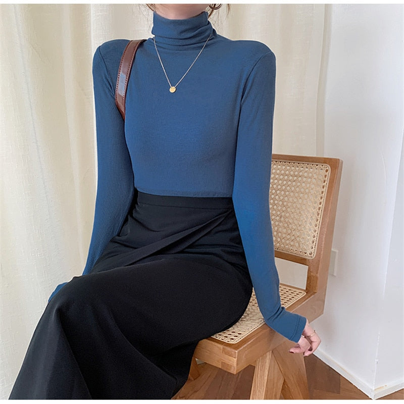 2022 Spring Autumn Women Pullover Female Knitted Sweaters Solid Concise Turtleneck Elasticity Elegant Office Lady Casual Tops