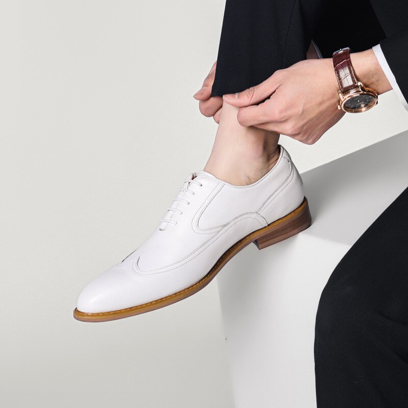 Luxury Men Formal Shoes Real Cow Leather White Solid Wedding Shoes 2022 Spring Brogue Lace Up Pointed Toe Handmade Size 46
