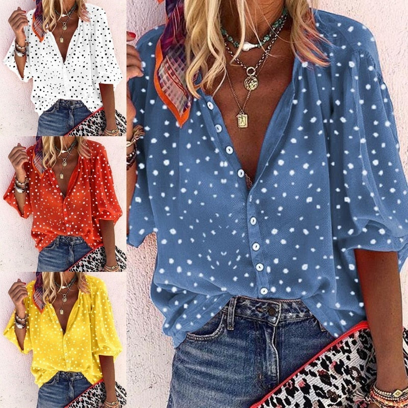 Spring Summer Tops Women Buttoned Up Shirt Office Ladies Polka Dot Print Blouses Casual Wave Point V Neck Loose Shirts Blusas