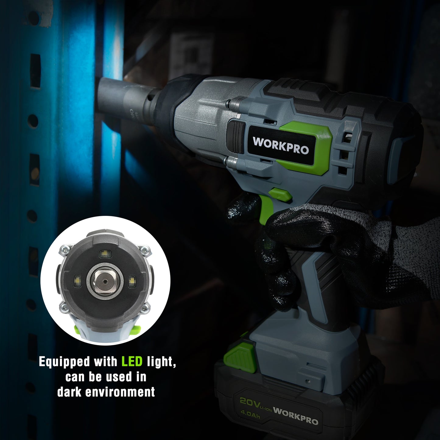 WORKPRO 20V Cordless Impact Wrench 1/2-inch 300N.M Max Torque 2.0-4.0Ah Li-ion Battery with Fast Charger