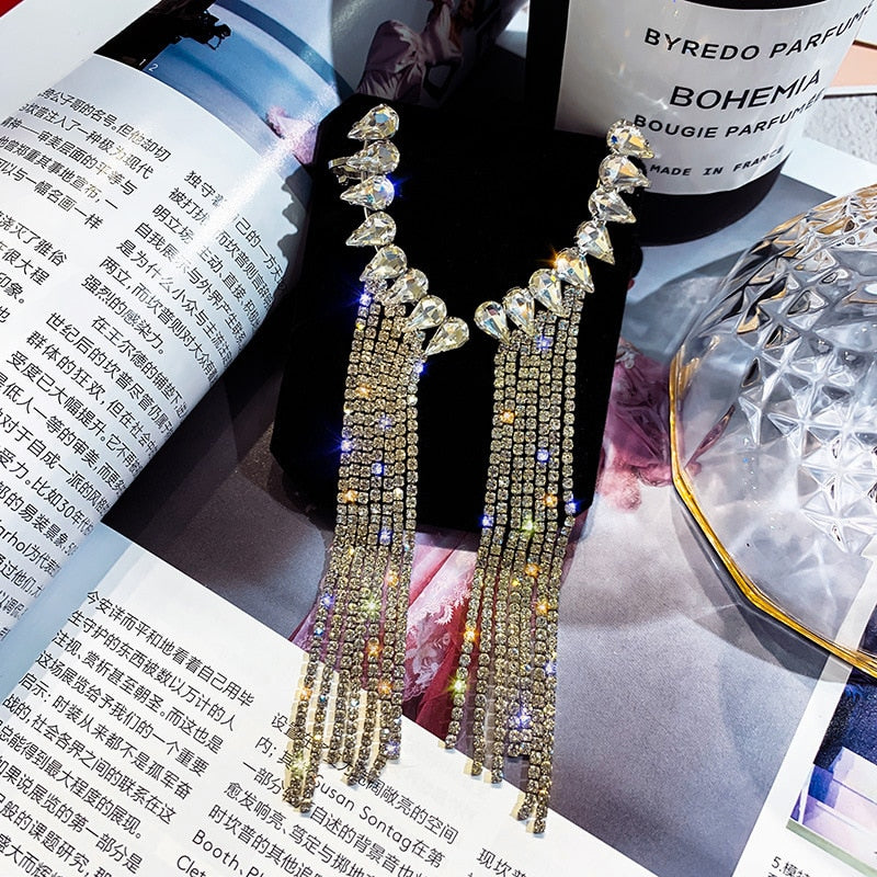 FYUAN Fashion Long Tassel Full Rhinestone Drop Earrings for Women Bijoux Shiny Water Drop Crystal Dangle Earrings Jewelry Gifts