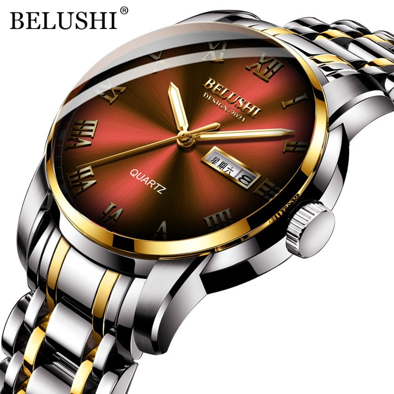 BELUSHI Top Brand Luxury Mens Watches Luminous Waterproof Stainless Steel Watch Quartz Men Date Calendar Business Wristwatch