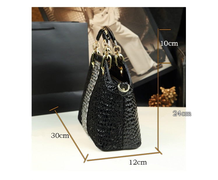 Luxury Fashion Diamonds Handbag Women Bag Leather Crocodile Pattern Female Handbags Shoulder Slung Rhinestone Flowers Lace Soft