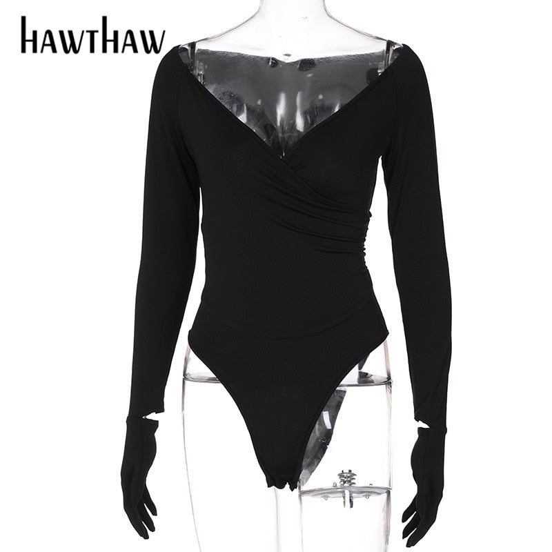 Hawthaw Women Sexy Spring Autumn Long Sleeve V Neck Bodycon Black T Shirt Tops Bodysuit 2022 Fall Clothes Wholesale Items