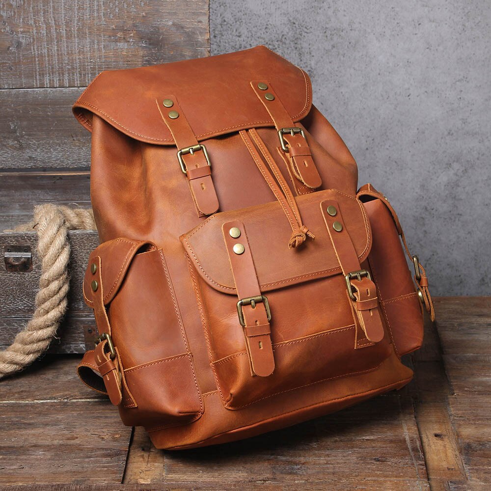 5 days arrival,Men&#39;s Vintage Full Grain Leather Backpack Large Capacity Genuine Leather Daypack Laptop Document Cowhide Backpack