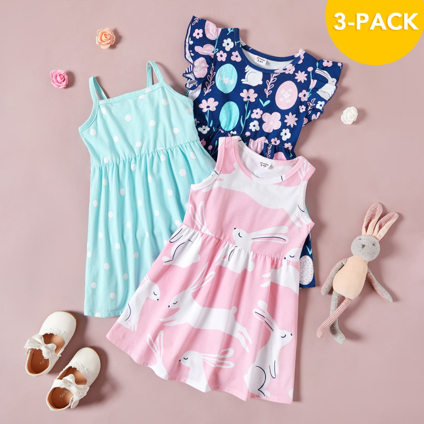 PatPat Spring and Autumn 3-pack Dresses Toddler Girl Dots and Solid Short and Long-sleeve Dress Set Cute Children&#39;s Clothing