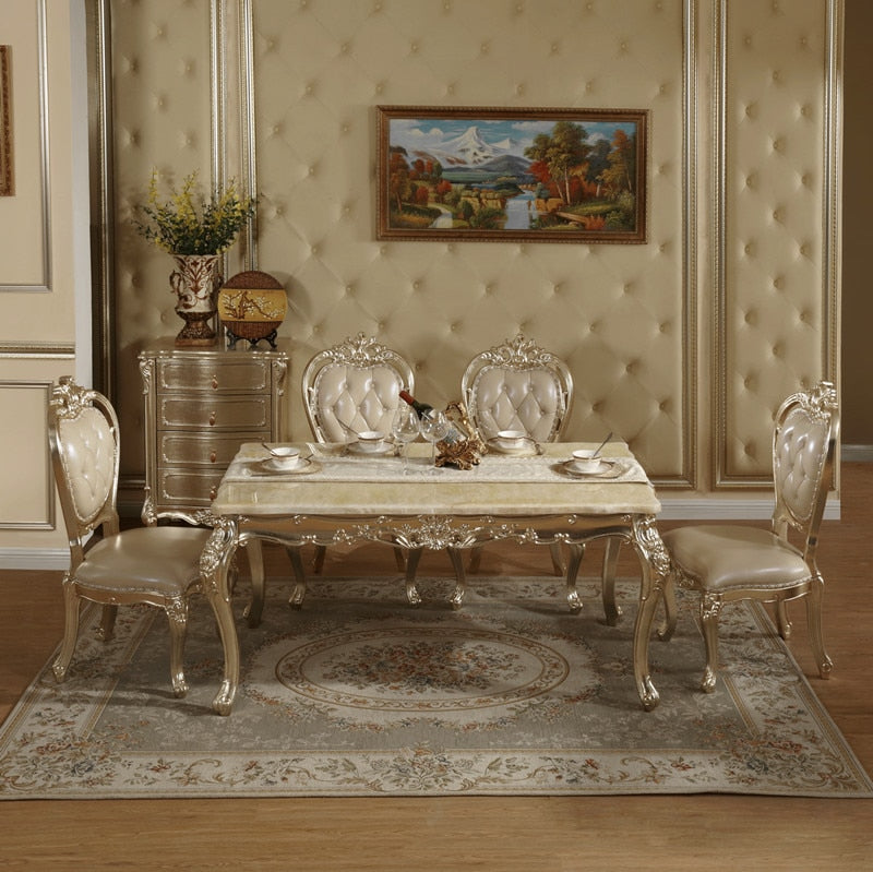 European-style Marble Dining Table and Chair Combination Champagne Rectangular Dining Table Solid Wood Carved Dining Chairs