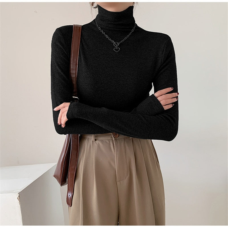 2022 Spring Autumn Women Pullover Female Knitted Sweaters Solid Concise Turtleneck Elasticity Elegant Office Lady Casual Tops