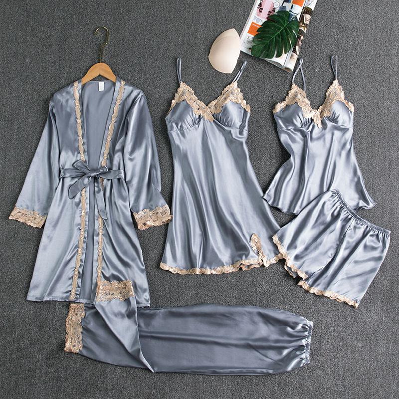 Sleepwear Female 5PCS Pajamas Set Satin Pyjamamas Lace Patchwork Bridal Wedding Nightwear Rayon Home Wear Nighty&amp;Robe Suit