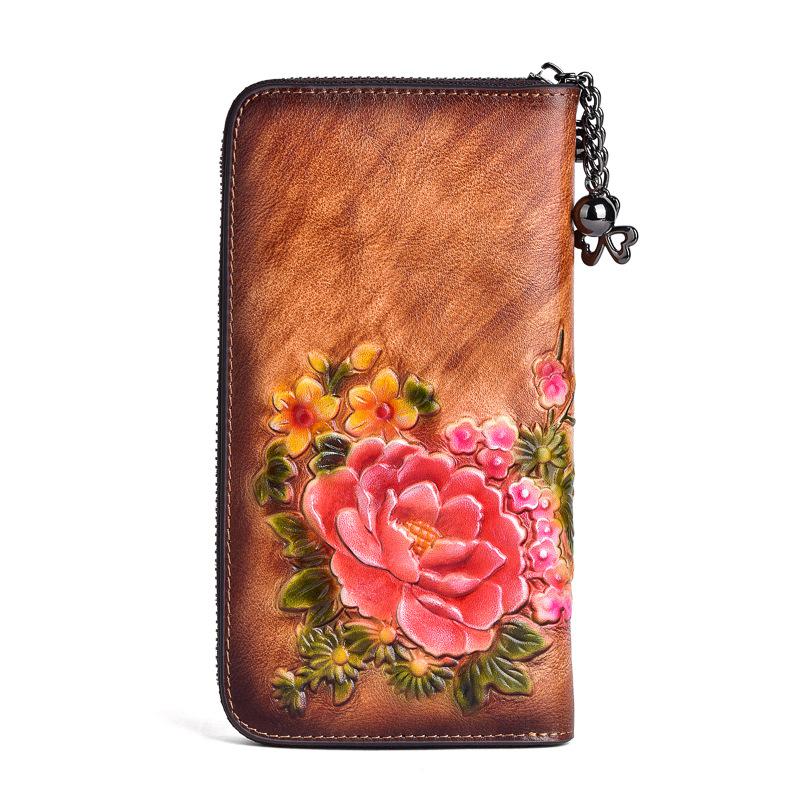 MOTAORA 2022 New Chinese Style Retro Women Wallet Genuine Leather Long Zipper Purse Vintage Handmade Embossed Clutch Card Holder