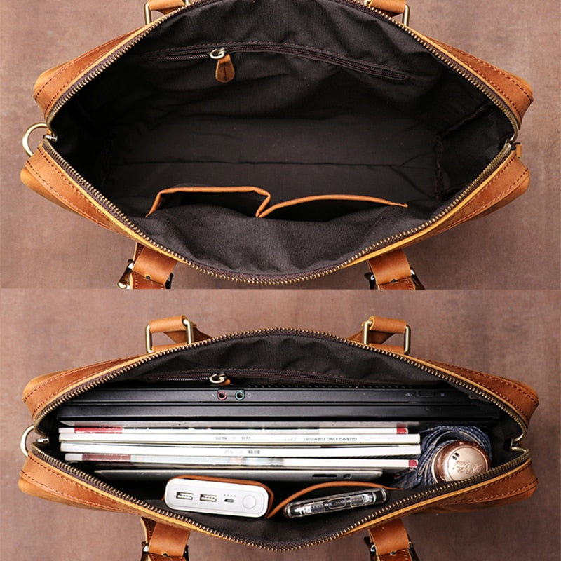 ZRCX Vintage Bags Briefcase Men Shoulder Man Handbag Crazy Horse Genuine Leather Brown Casual Fashion 15.6 Inch Laptop Bag