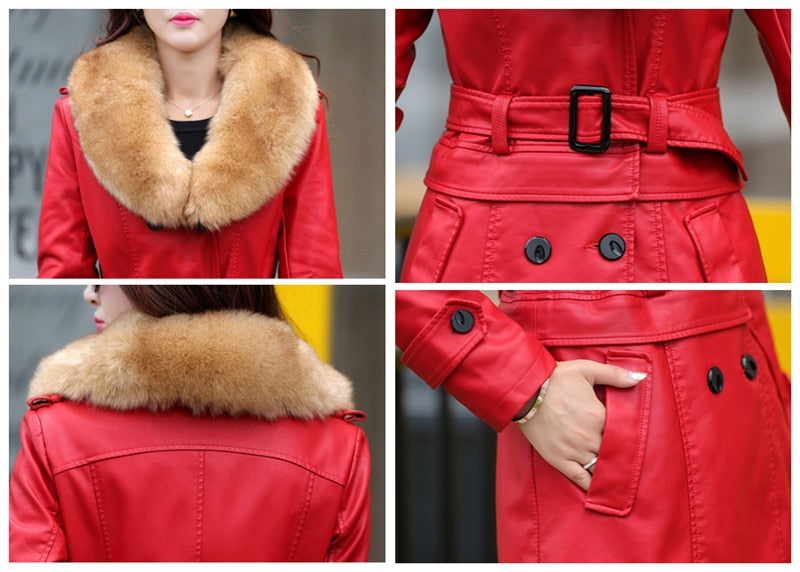 2022 Winter New Women Long Leather Jacket Coat Female Fashion Big Fur Collar Thick Slim Oversize Windbreaker