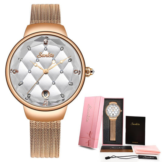 SUNKTA Women Watch Luxury Crystal Watch Women Waterproof Rose Gold Steel Strap Ladies WristWatches Top Brand Bracelet Clock+Box