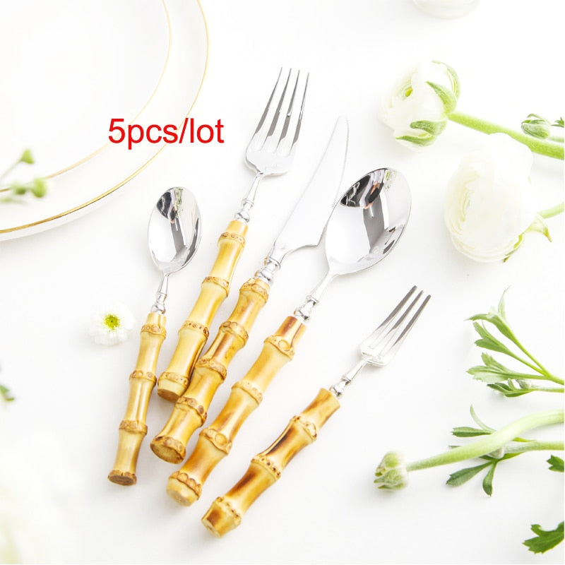 Bamboo Handle Cutlery Set Dinnerware Set 5/20pcs 18/10 Stainless Steel Knife Fork Spoon Tableware Cutleries Sets Drop