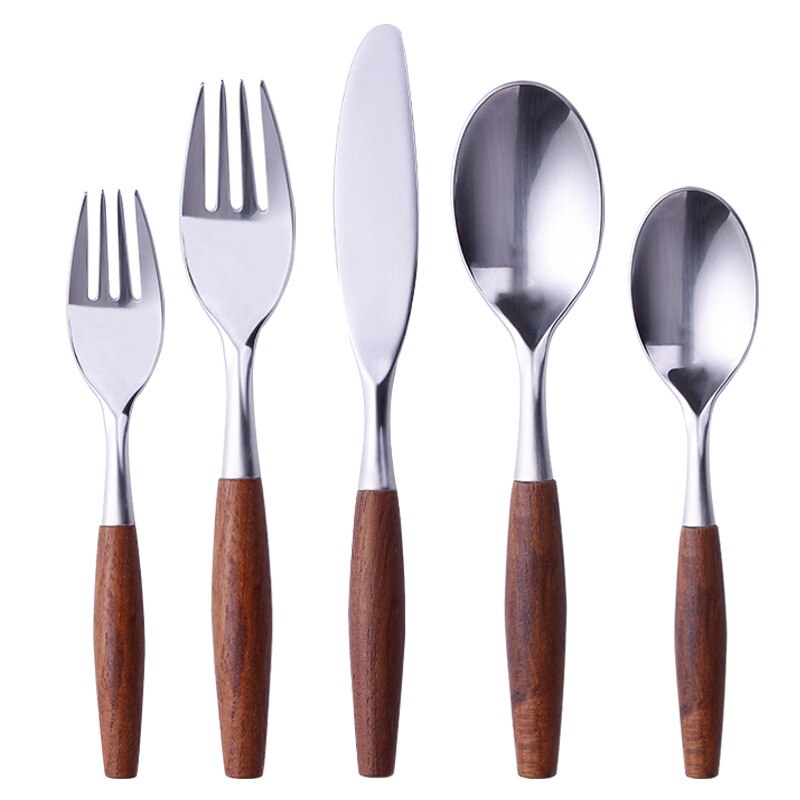 304 Stainless Steel Natural Teak Wooden Handle Dinnerware Set Steak Knife Fork Spoon Dessert Spoon Fork Cutlery Set Tableware