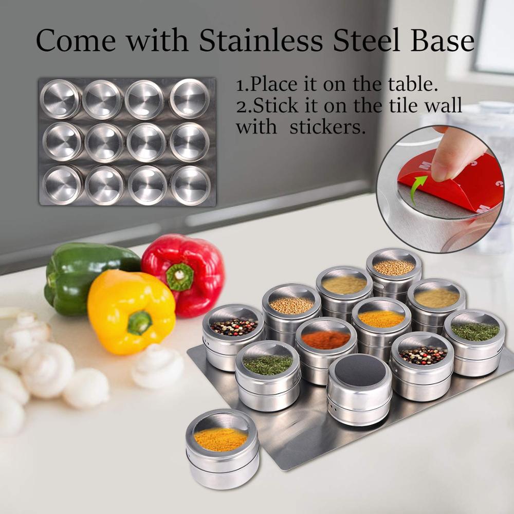 LMETJMA Magnetic Spice Jars With Wall Mounted Rack Stainless Steel Spice Tins Spice Seasoning Containers With Spice Label KC0305