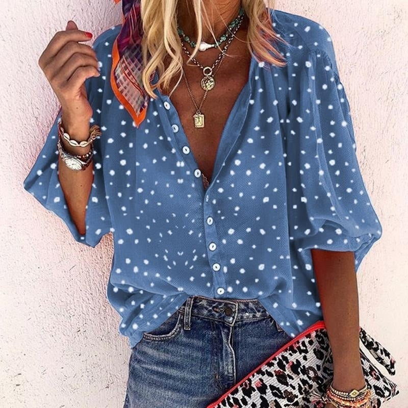 Spring Summer Tops Women Buttoned Up Shirt Office Ladies Polka Dot Print Blouses Casual Wave Point V Neck Loose Shirts Blusas