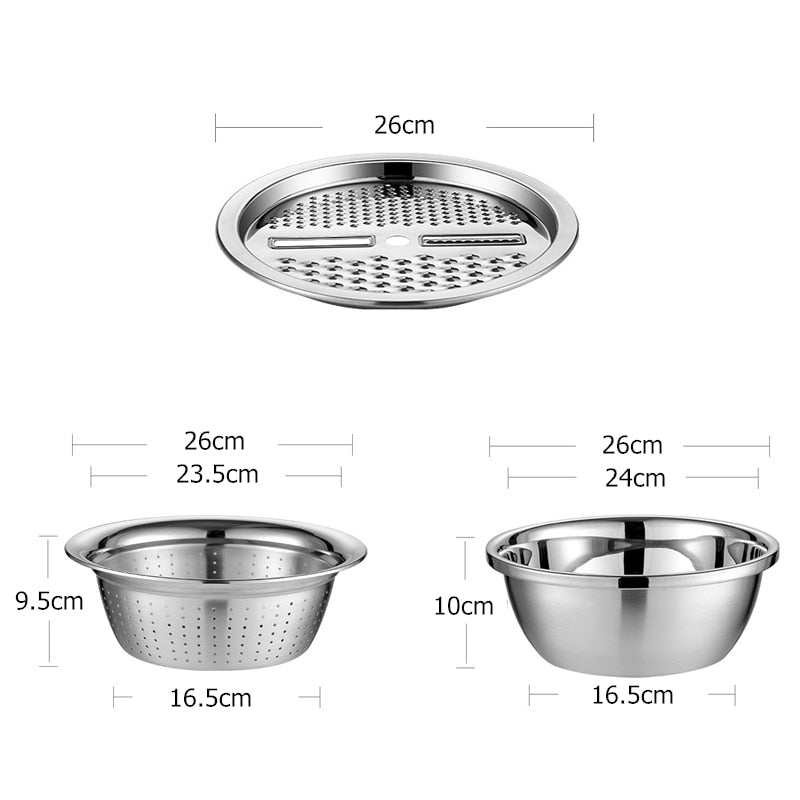 LMETJMA 3 in 1 Vegetable Slicer Cutter Drain Basket Stainless Steel Vegetable Julienne Grater Salad Maker Bowl KC0410