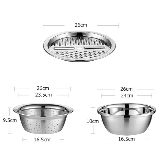 LMETJMA 3 in 1 Vegetable Slicer Cutter Drain Basket Stainless Steel Vegetable Julienne Grater Salad Maker Bowl KC0410