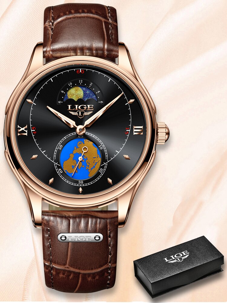 LIGE Top Brand Luxury Women&#39;s Watches Ultra-Thin Casual Quartz Watch Waterproof Moon Leather Watches For Women Relogio Feminino