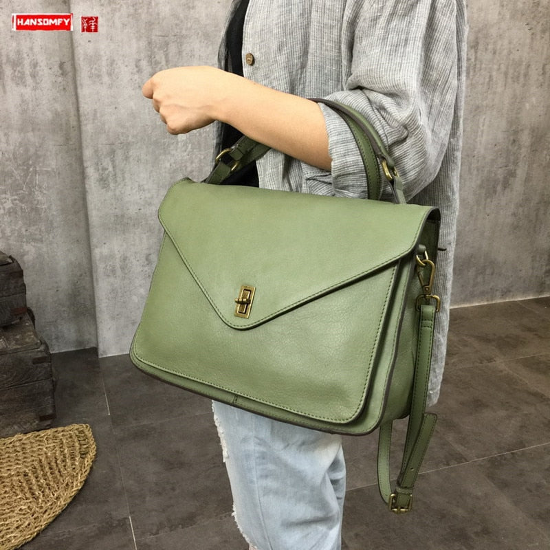 Women Briefcase Genuine Leather Handbags Female Commuter Lock Bag Simple Shoulder Messenger Bag Green 2022 Business Casual Soft