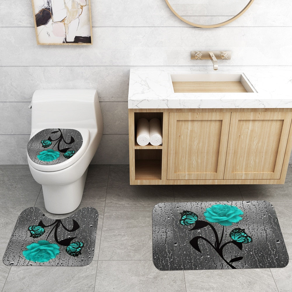 Floral Bath Mat and Shower Curtain Set Shower Curtain with Hooks Bath Rugs Anti Skid Bathroom Carpet Toilet Foot Pad Bath Mat