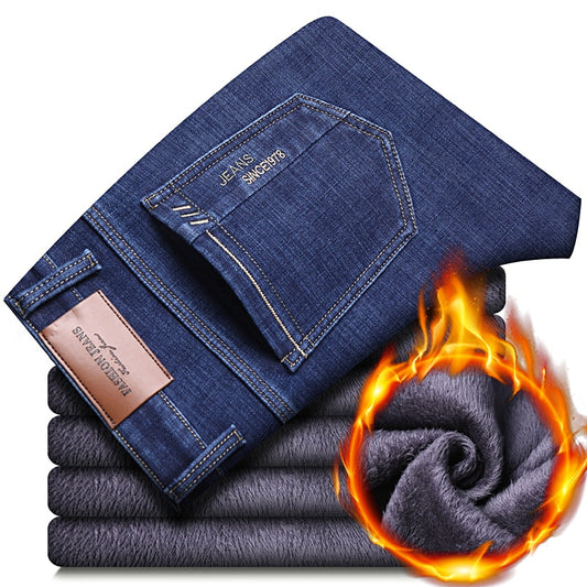 Winter Thermal Warm Flannel Stretch Jeans Mens Winter Quality Famous Brand Fleece Pants Men Straight Flocking Trousers Jean Male