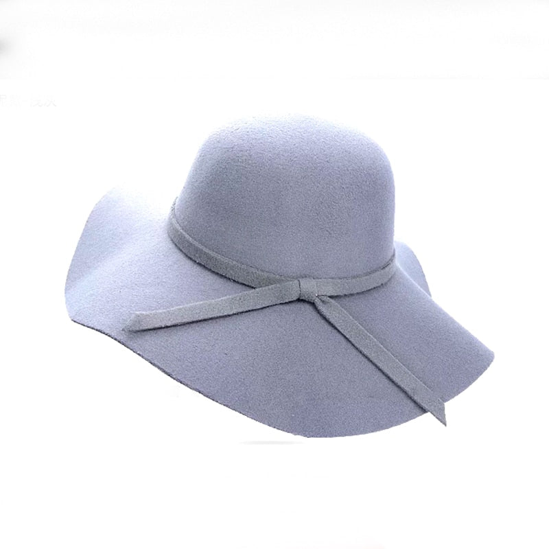 Women&#39;s Wide Brim Felt Bowler Faux Wool Fedora Hat Floppy Sun Bowknot Cloche Cap Bowlers Hat for Ladies gorros mujer invierno
